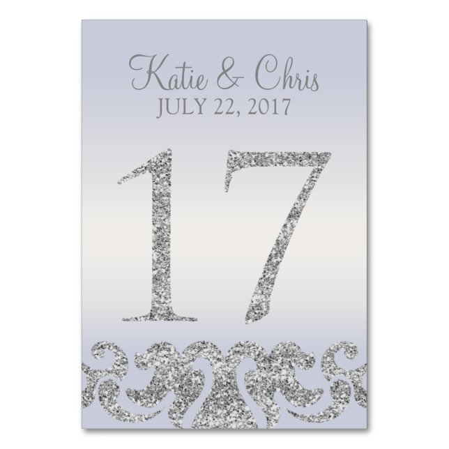 Periwinkle Silver Glitter Look Table Numbers-17 Table Number (Front)