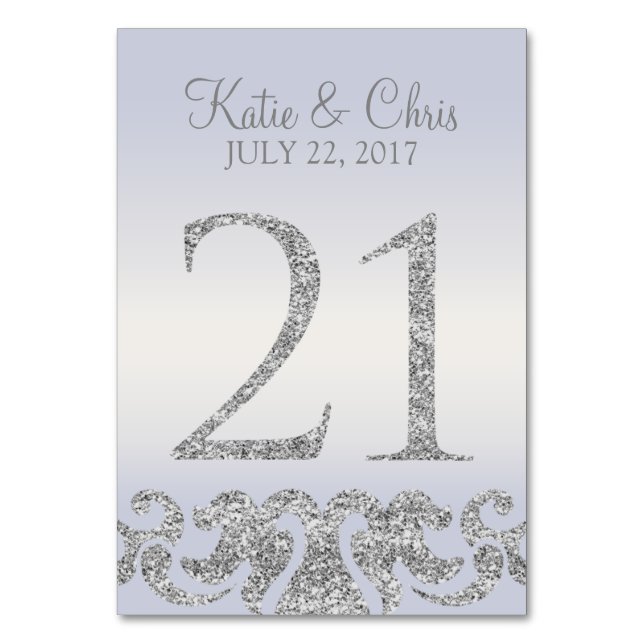 Periwinkle Silver Glitter Look Table Numbers-21 Number (Front)