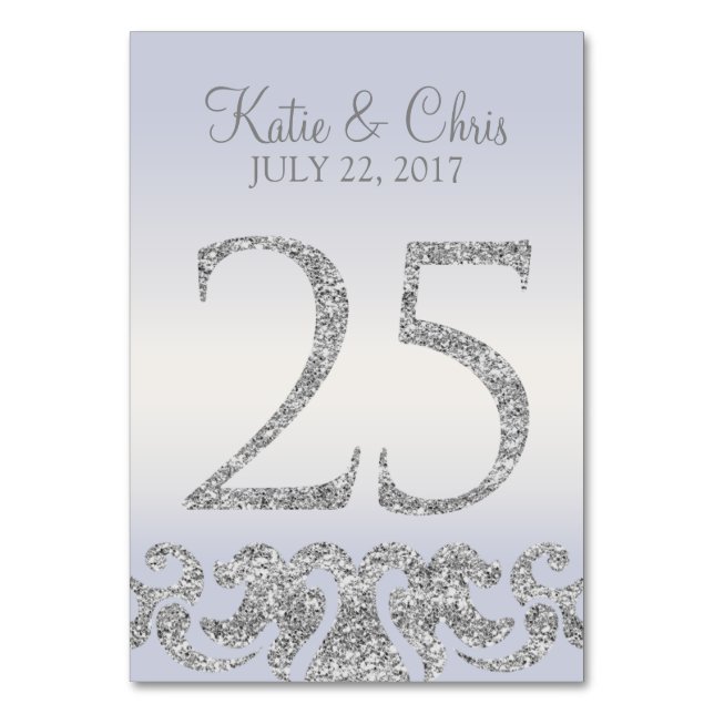 Periwinkle Silver Glitter Look Table Numbers-25 Table Number (Front)