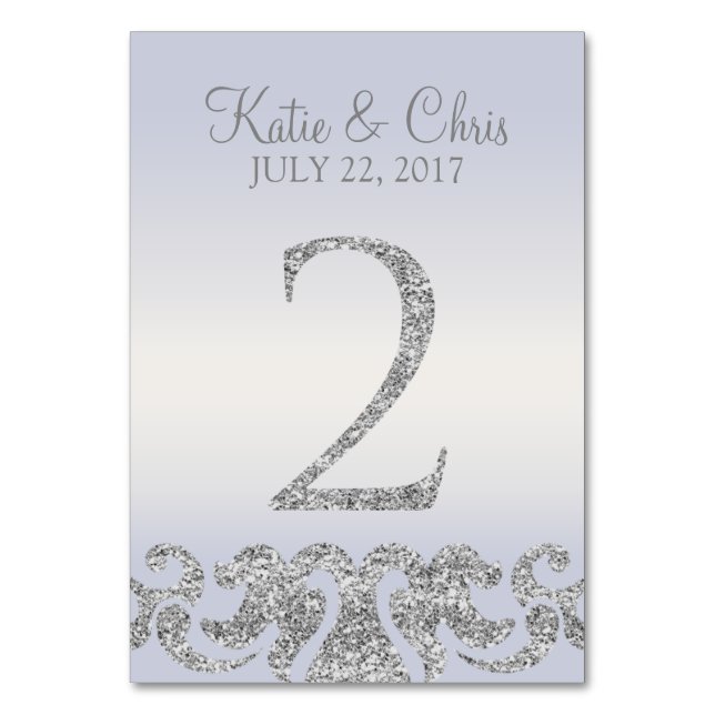 Periwinkle Silver Glitter Look Table Numbers-2 Table Number (Front)