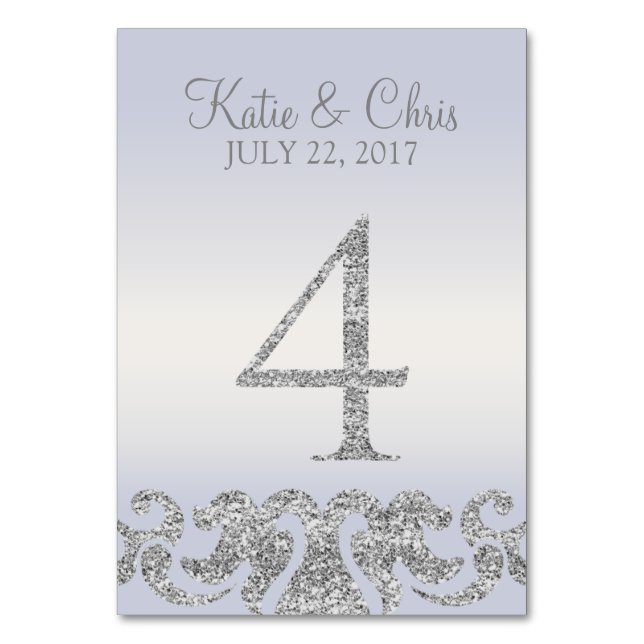 Periwinkle Silver Glitter Look Table Numbers-4 Number (Front)