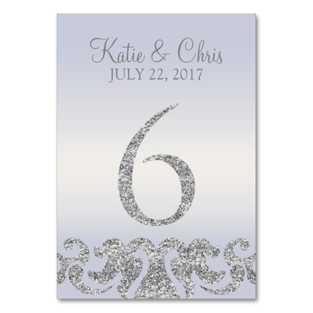 Periwinkle Silver Glitter Look Table Numbers-6 Table Number (Front)