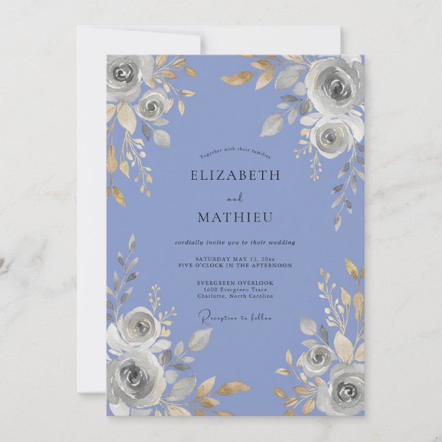 Periwinkle Silver Rose Wedding Invitation (Front)