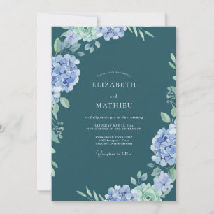 Periwinkle Slate Hydrangea Eucalyptus Wedding Invitation