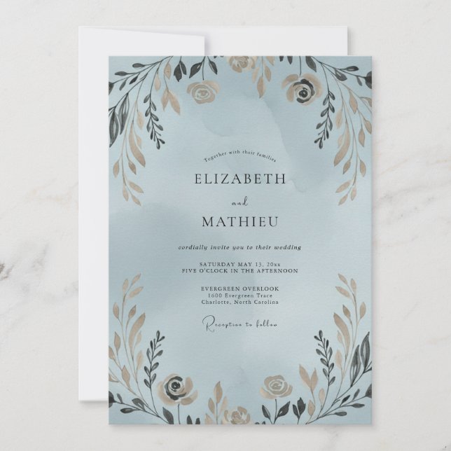 Periwinkle Soft Gold Wreath Wedding Invitation (Front)