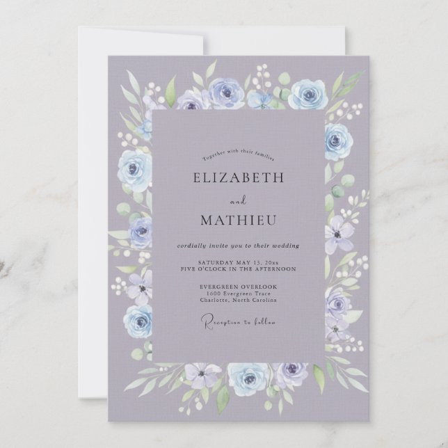 Periwinkle Soft Mauve Wreath Wedding Invitation (Front)