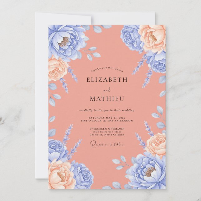 Periwinkle Soft Peach Peony Wedding Invitation (Front)