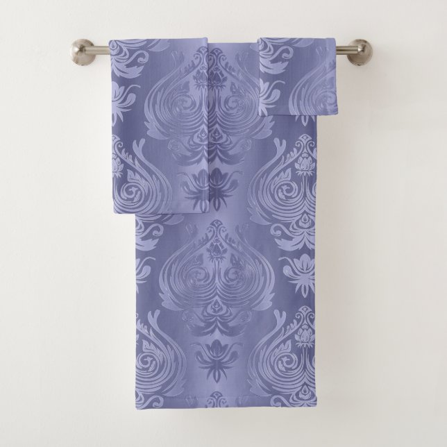 Periwinkle Steel Floral Lace Damask Bath Towel Set (Insitu)