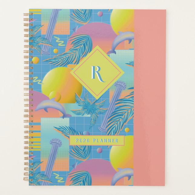 Periwinkle Summer Vaporwave Sunset and Palm Trees Planner (Front)