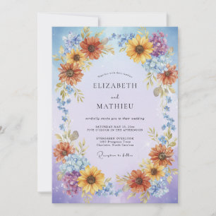 Periwinkle Sunflower Wreath Wedding Invitation