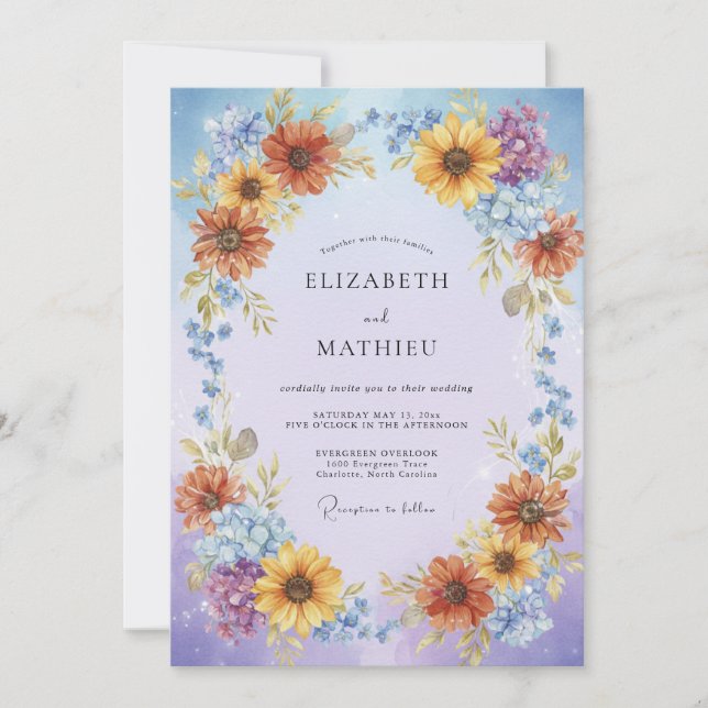 Periwinkle Sunflower Wreath Wedding Invitation (Front)