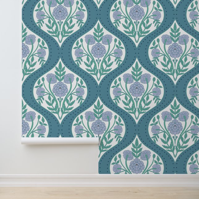Periwinkle & Teal Mughal Garden Floral Pattern Wallpaper (Application)