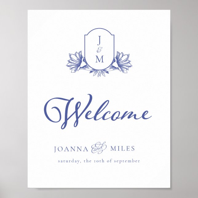 Periwinkle Vintage Monogram Crest Welcome Sign (Front)