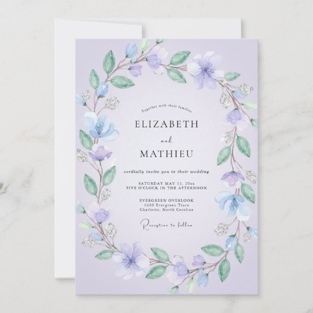 Periwinkle Violet Foliage Eucalyptus Wedding Invitation (Front)