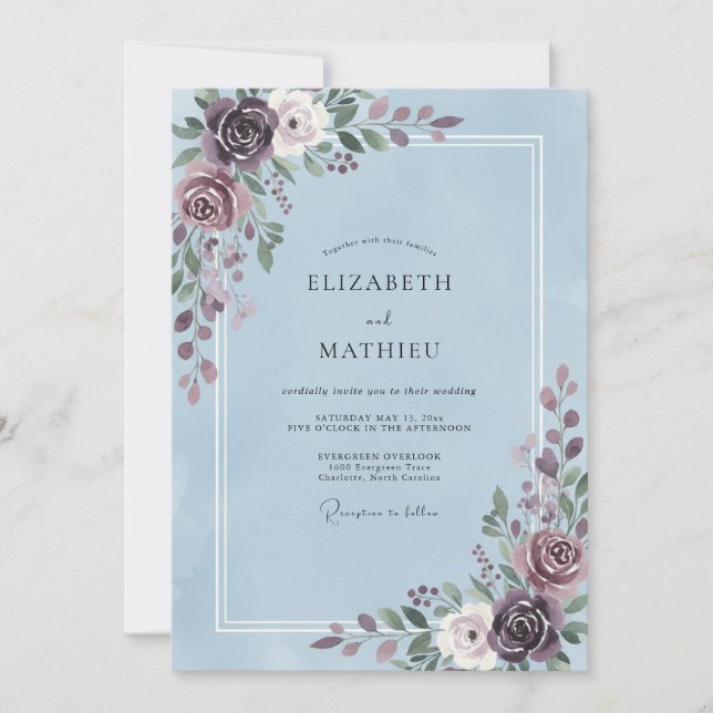 Periwinkle Violet Leaf Wedding Invitation (Front)