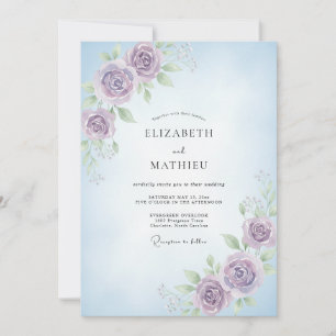 Periwinkle Violet Ranunculus Eucalyptus Wedding Invitation