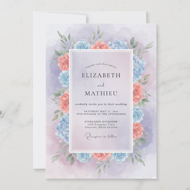 Periwinkle Warm Peach Wreath Wedding Invitation (Front)