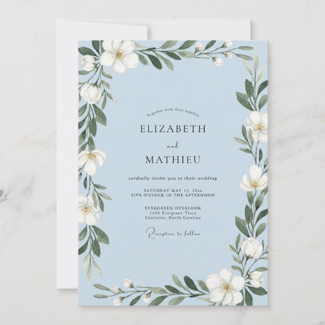 Periwinkle Warm White Leafy Wedding Invitation (Front)