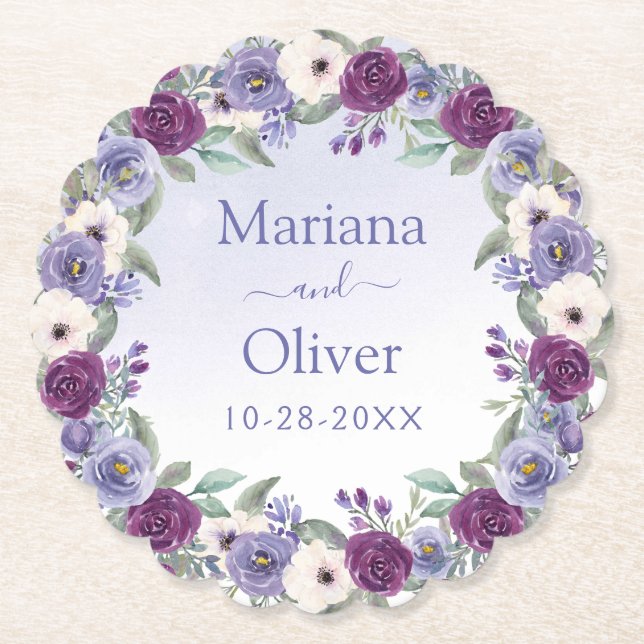 Periwinkle Watercolor Floral Wedding Paper Coaster (Front)