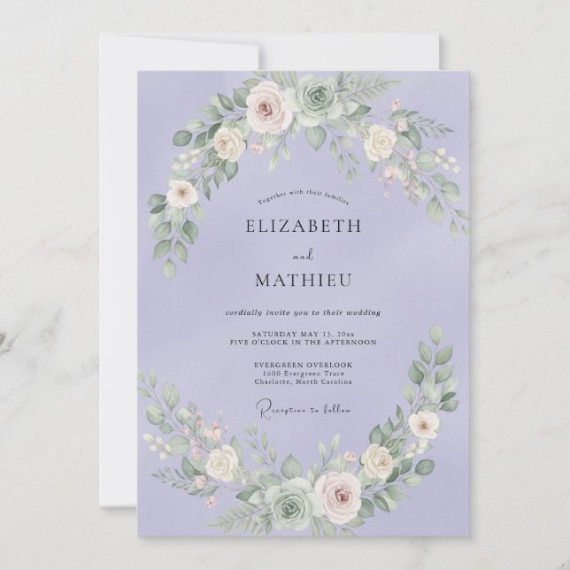Periwinkle Watercolor Foliage Wedding Invitation (Front)