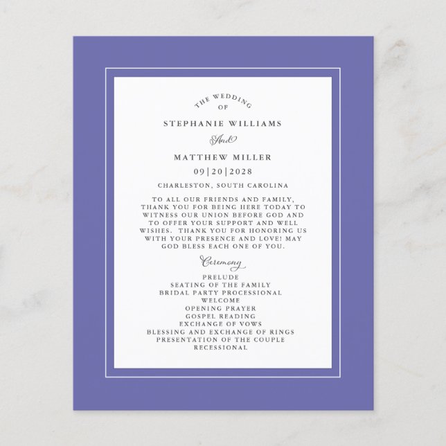 Periwinkle Wedding Ceremony Elegant Budget Program (Front)