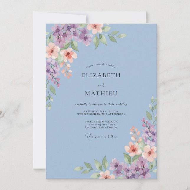 Periwinkle Whimsical Floral Bloom Wedding Invitation (Front)