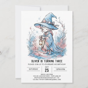 Periwinkle Whimsical Witch Birthday Invitation