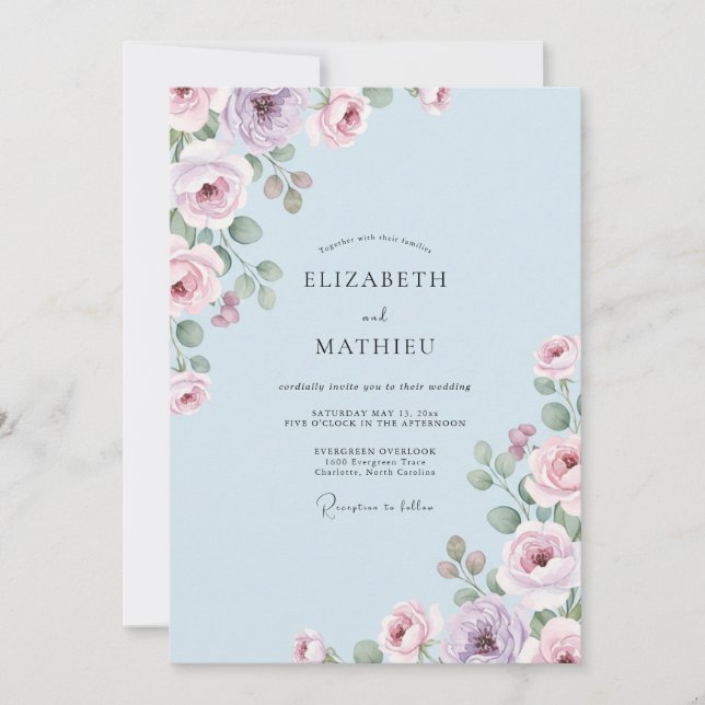 Periwinkle Whispering Flora Wedding Invitation (Front)