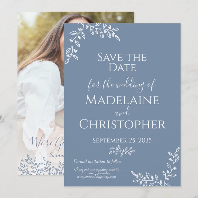 Periwinkle White Botanical Boho Photo Wedding Save The Date (Front/Back)
