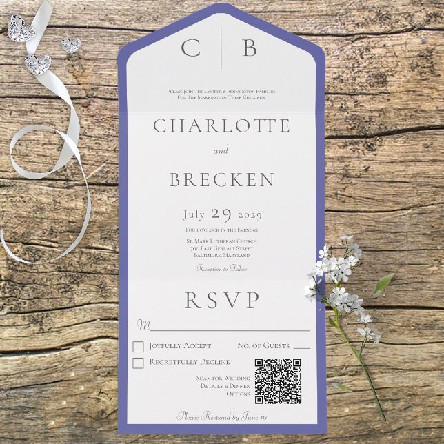 Periwinkle & White Monogram Minimal QR Code All In One Invitation (Creator Uploaded)