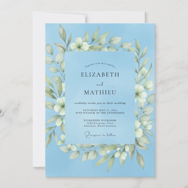Periwinkle White Wreath Wedding Invitation (Front)