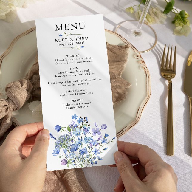 Periwinkle Wildflower Delicate Floral Wedding Menu (Wedding Menu from my Lilac + Periwinkle Wildflower Wedding Collection)