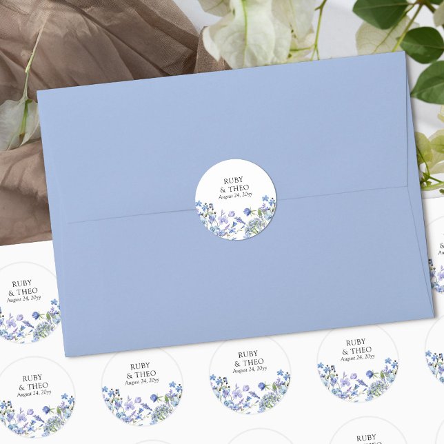 Periwinkle Wildflower Wedding Bride and Groom Name Classic Round Sticker (Bride and Groom Name Stickers from my Lilac + Periwinkle Wildflower Wedding Collection)