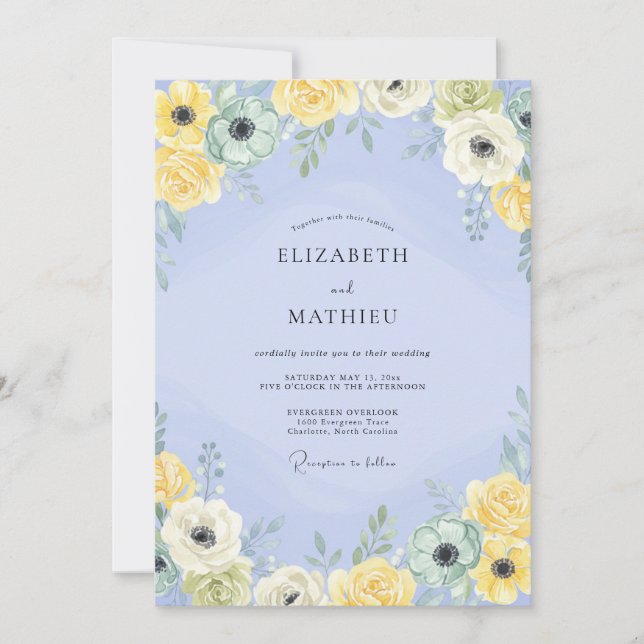 Periwinkle Yellow Ranunculus Dusty Eucalyptus Wedd Invitation (Front)