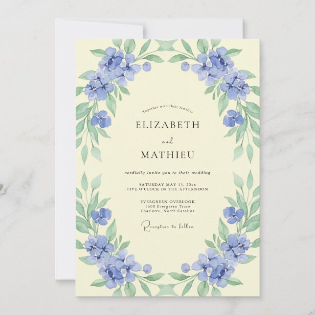 Periwinkle Yellow Wreath Wedding Invitation (Front)