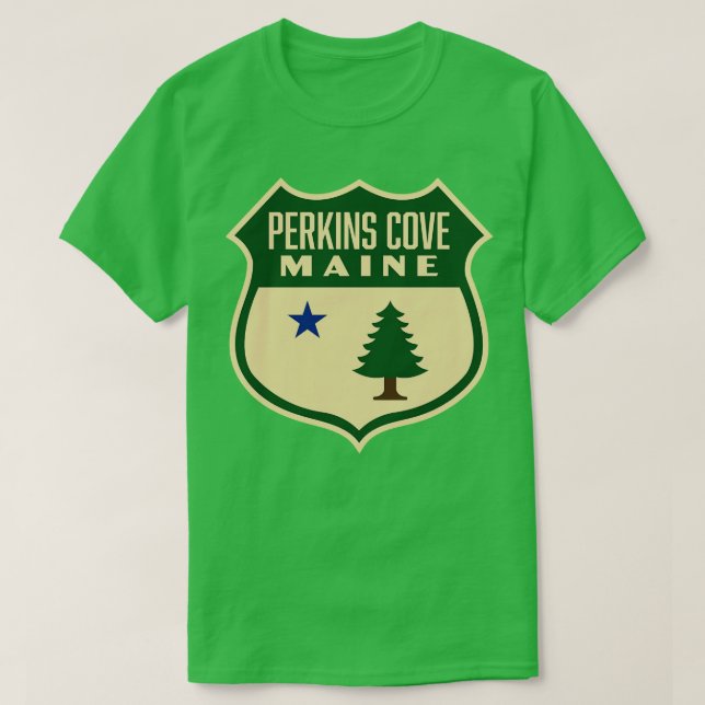 Perkins Cove Maine Retro Pine Tree Shield Green T-Shirt (Design Front)