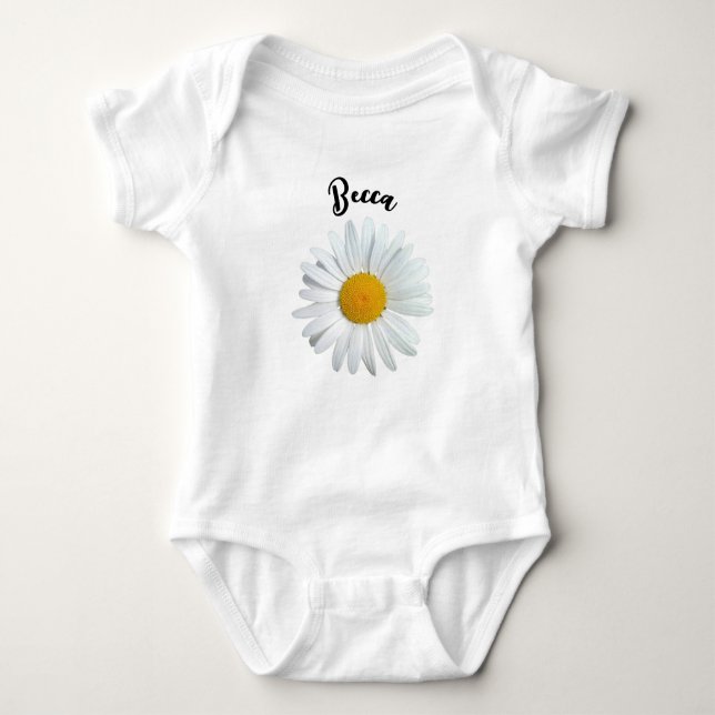 Perky White Daisy Flower Personalised Baby Bodysuit (Front)