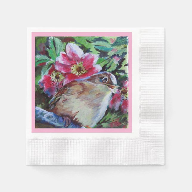 Perky Wren & Flowers Napkin (Front)