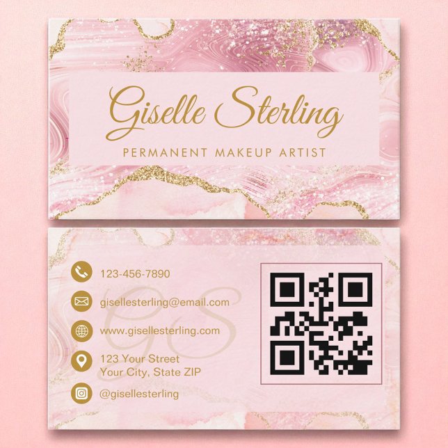 Permanent Makeup Artist Blush Gold Agate QR Code Business Card (Creator Uploaded)