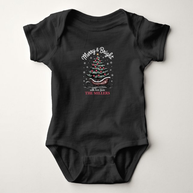 Peronalized Christmas Sleigh Tree Merry & Bright  Baby Bodysuit (Front)
