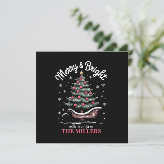 Peronalized Christmas Sleigh Tree Merry & Bright  Holiday Card (Standing Front)