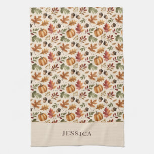 Peronalized Fall Earthy Orange Watercolor Leaves Tea Towel