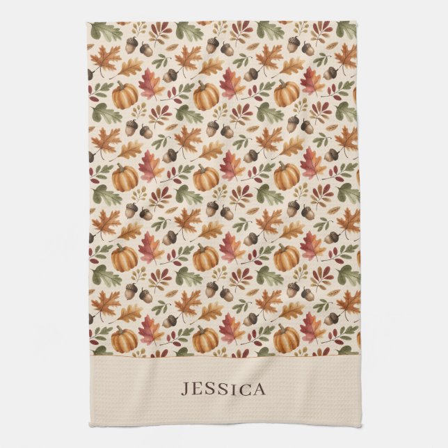 Peronalized Fall Earthy Orange Watercolor Leaves Tea Towel (Vertical)