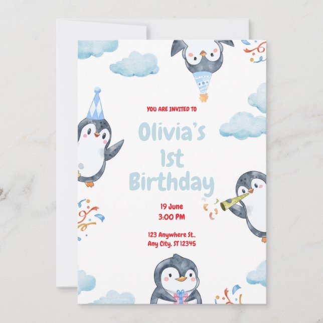 Peronalized Penguins Birthday Invitation (Front)