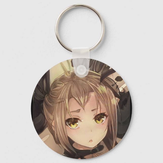 Perplexed anime girl amber eyes golden brown hair  key ring (Front)