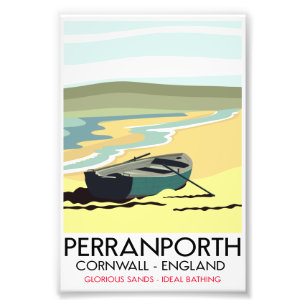 Perranporth Cornwall Seaside travel poster. Wood P Photo Print
