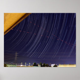 Perseid Star Trails Over City Lights Poster
