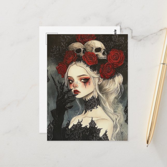 Persephone Goth Red Roses Skulls Postcard (Front/Back In Situ)