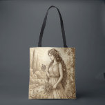 Persephone Vintage Mythology Tote Bag<br><div class="desc">This elegant tote bag features a vintage-style illustration inspired by classical mythology. The artwork depicts Persephone, goddess of spring and renewal, rendered in a refined antique engraving style with soft sepia tones and delicate botanical details. The timeless composition gives the design the look of a classical illustration or museum print,...</div>