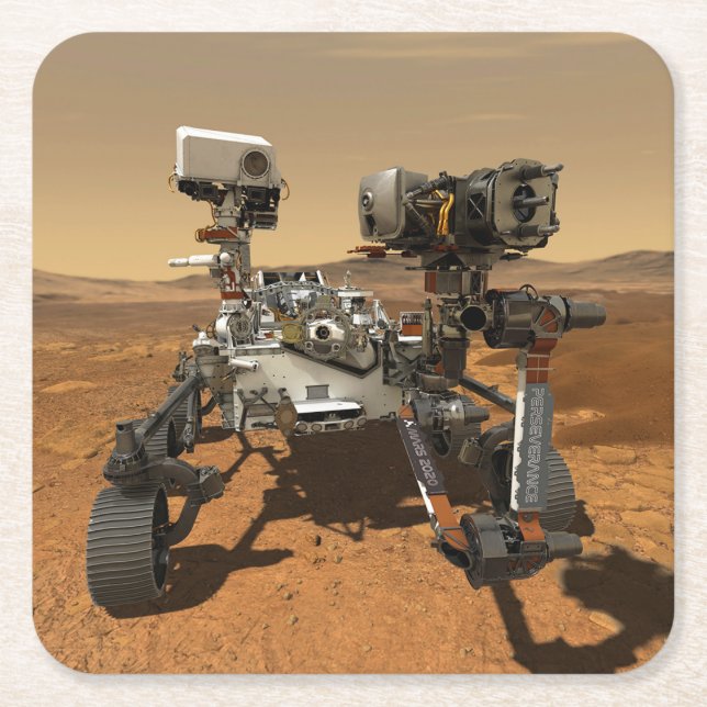 Perseverance Rover Operating On Surface Of Mars. Square Paper Coaster (Front)